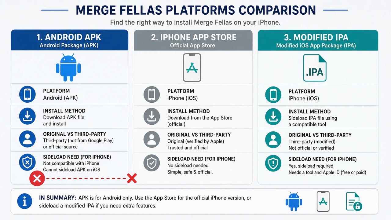 Perbedaan Merge Fellas APK Android, App Store iPhone, dan modified IPA