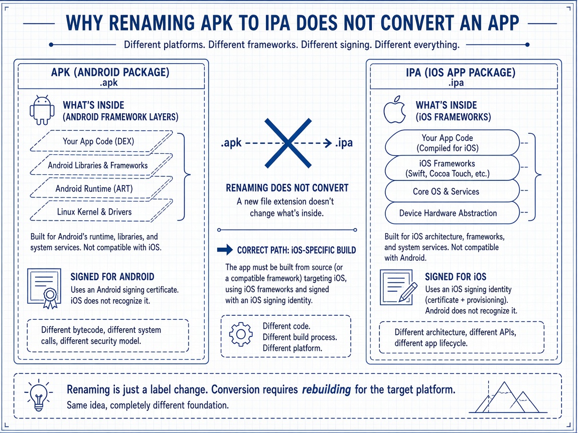 Diagram mengapa file APK Android tidak bisa diubah langsung menjadi IPA iPhone