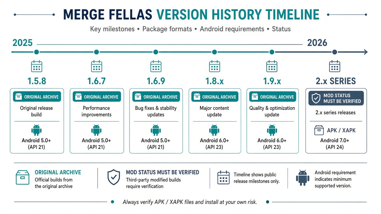 Timeline versi lama Merge Fellas dari seri 1.x hingga 2.x