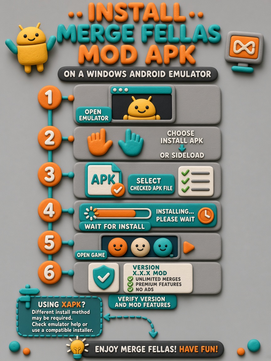Langkah memasang Merge Fellas MOD APK di emulator Windows